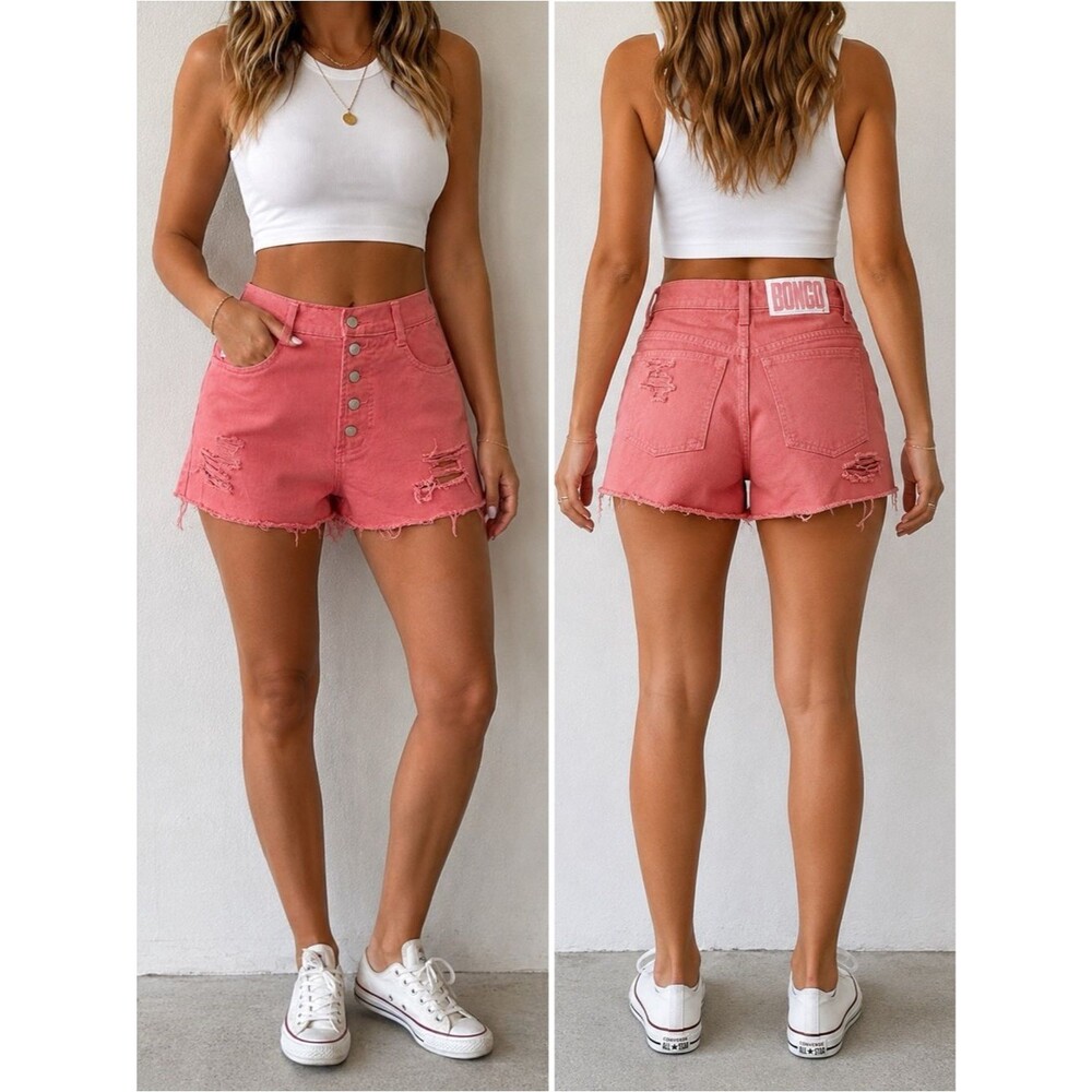 BONGO USA Pink Denim Shorts Sz 7 High Rise Button Fly Distressed Y2K Festival